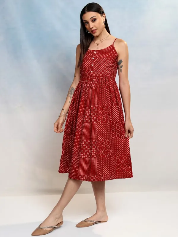 Vishudh Women Terracotta Printed A-Line Dress
