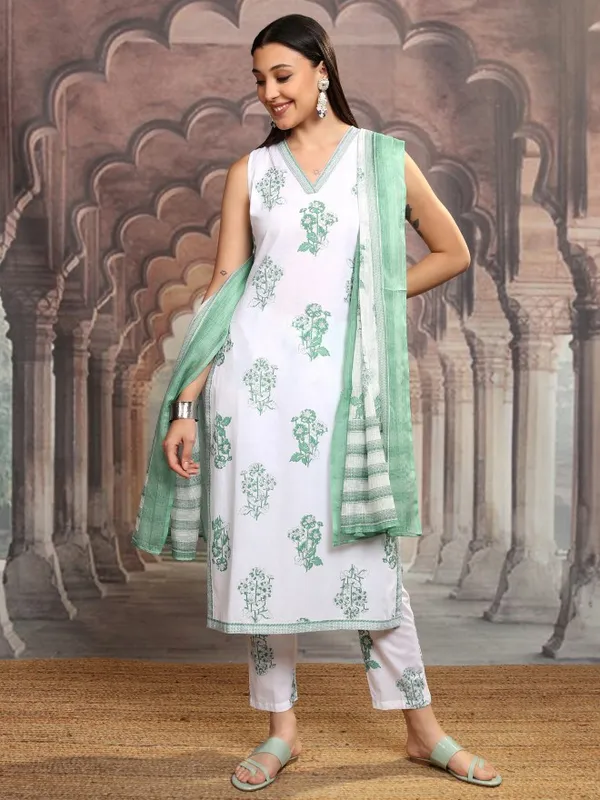 Vishudh Women White Printed Kurta With Trousers And Dupatta