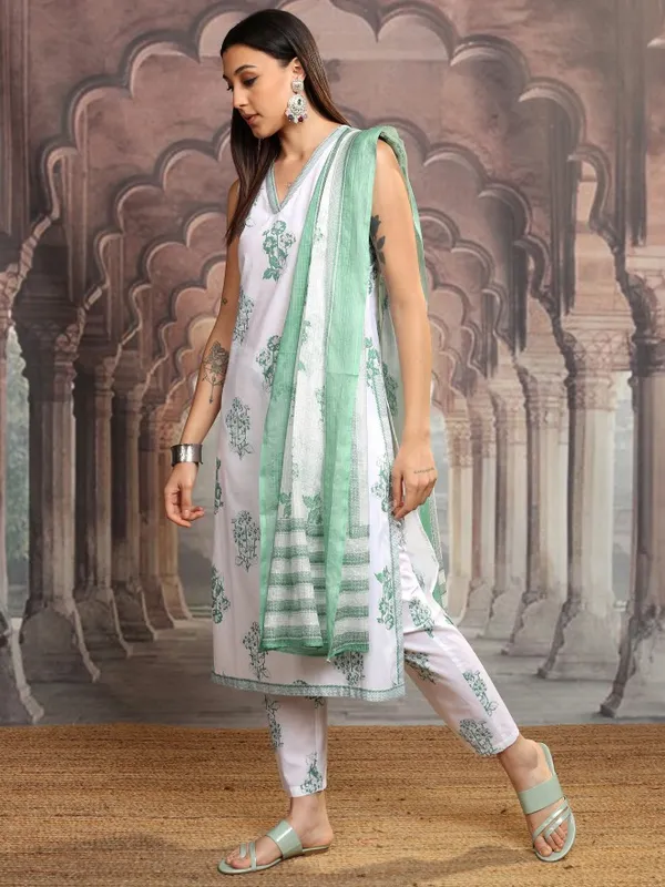 Vishudh Women White Printed Kurta With Trousers And Dupatta