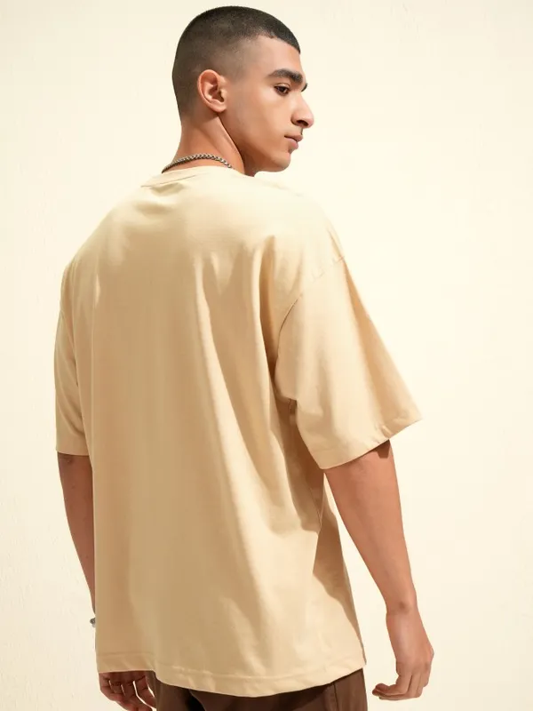 Highlander Men Beige Printed Round Neck Oversized Fit T-Shirt