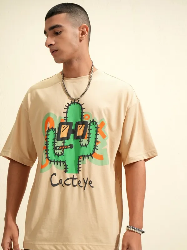 Highlander Men Beige Printed Round Neck Oversized Fit T-Shirt