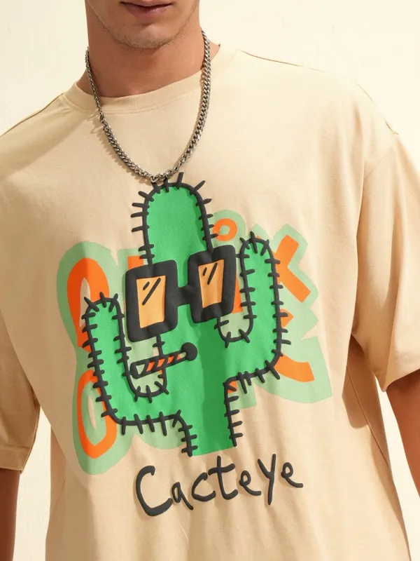 Highlander Men Beige Printed Round Neck Oversized Fit T-Shirt