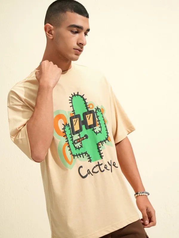 Highlander Men Beige Printed Round Neck Oversized Fit T-Shirt