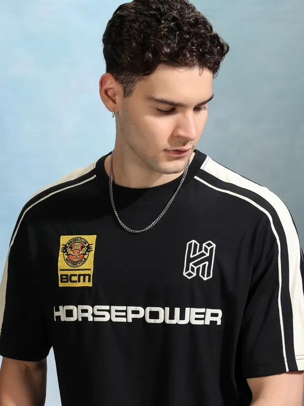 Highlander Men Black Printed Round Neck Oversized Fit T-Shirt