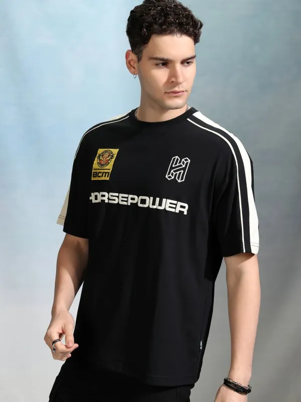 Highlander Men Black Printed Round Neck Oversized Fit T-Shirt