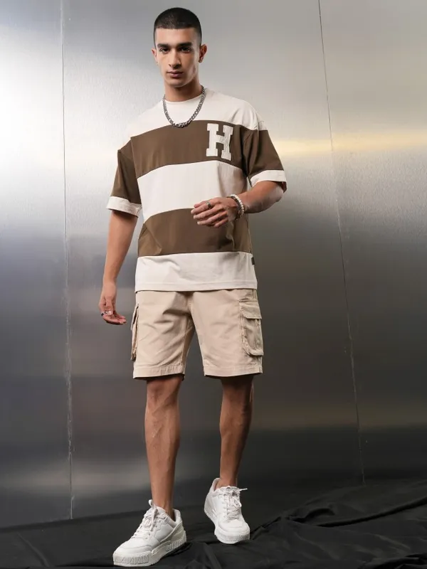 Highlander Men Cream Colourblocked Round Neck Oversized Fit T-Shirt