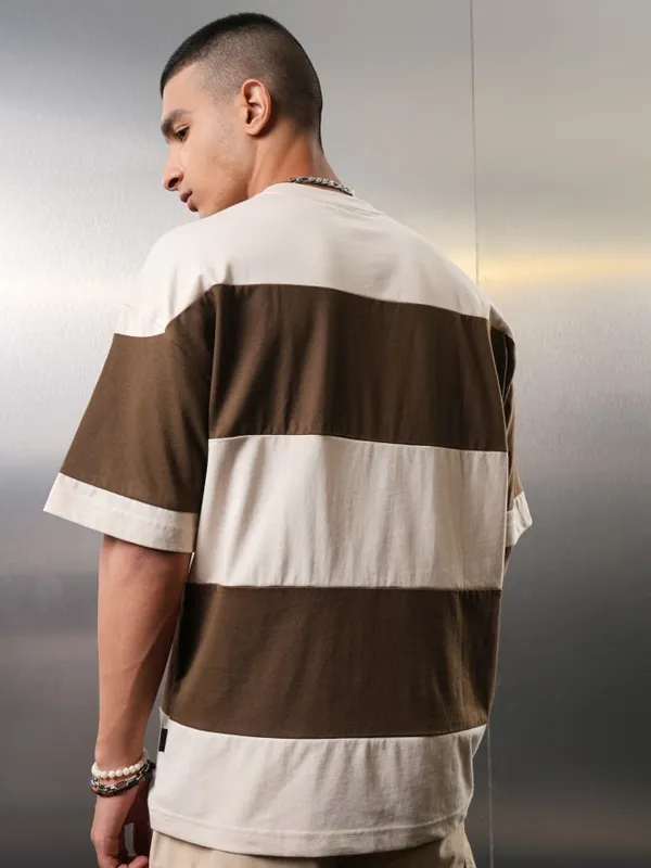 Highlander Men Cream Colourblocked Round Neck Oversized Fit T-Shirt