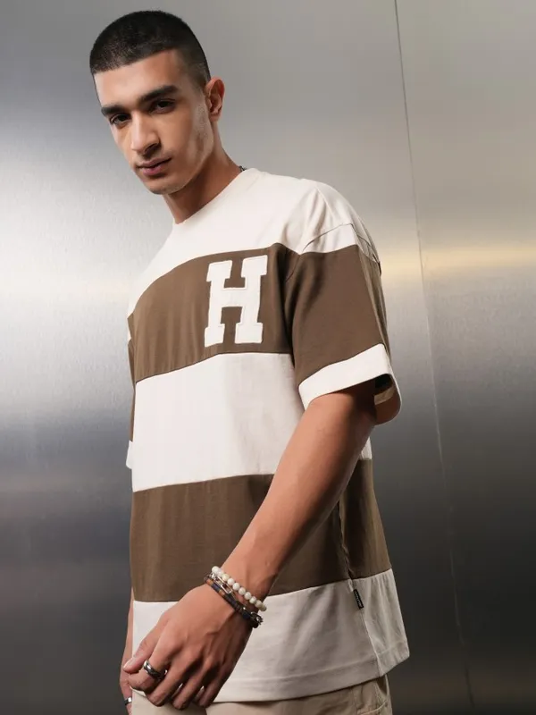Highlander Men Cream Colourblocked Round Neck Oversized Fit T-Shirt