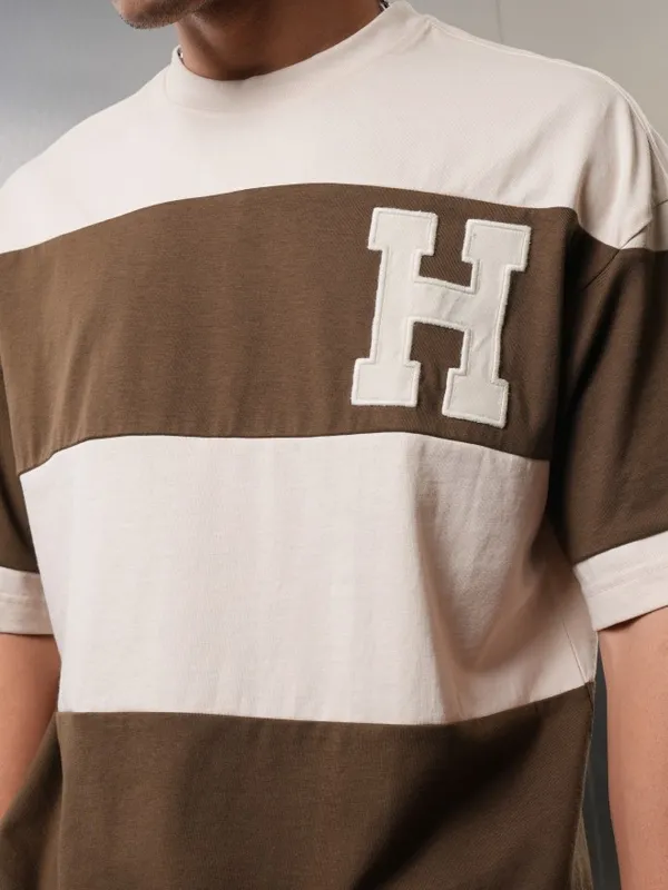 Highlander Men Cream Colourblocked Round Neck Oversized Fit T-Shirt