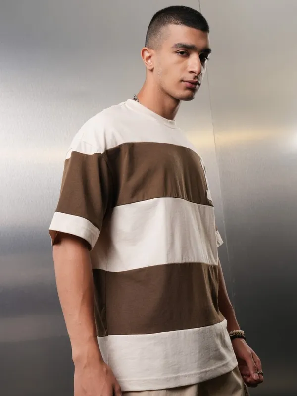 Highlander Men Cream Colourblocked Round Neck Oversized Fit T-Shirt