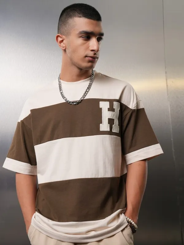 Highlander Men Cream Colourblocked Round Neck Oversized Fit T-Shirt