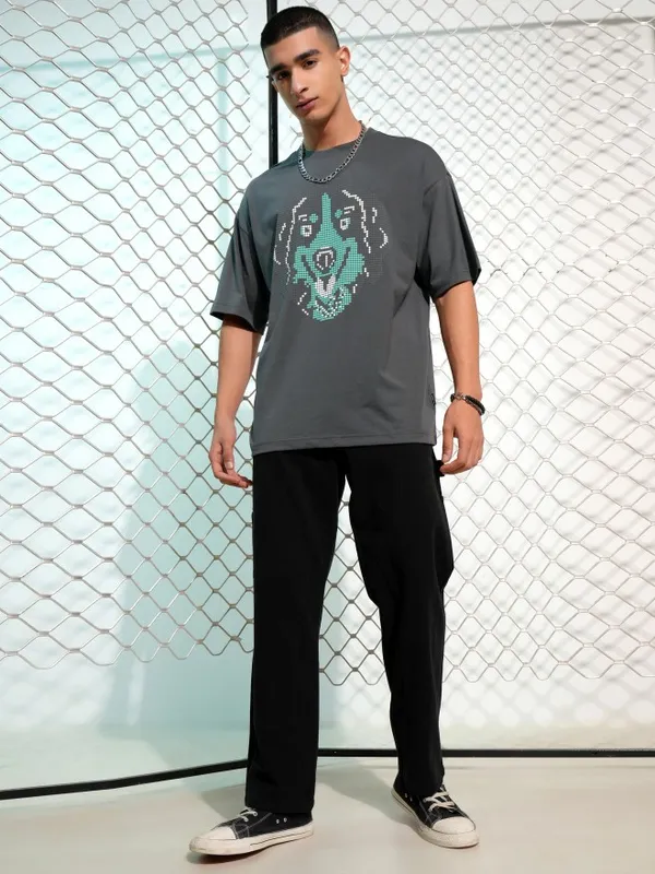 Highlander Men Grey Printed Round Neck Oversized Fit T-Shirt