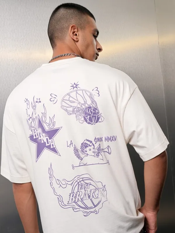 Highlander Men Off White Printed Round Neck Oversized Fit T-Shirt