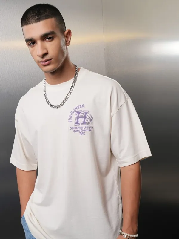 Highlander Men Off White Printed Round Neck Oversized Fit T-Shirt