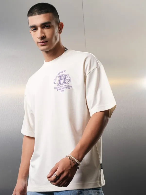Highlander Men Off White Printed Round Neck Oversized Fit T-Shirt