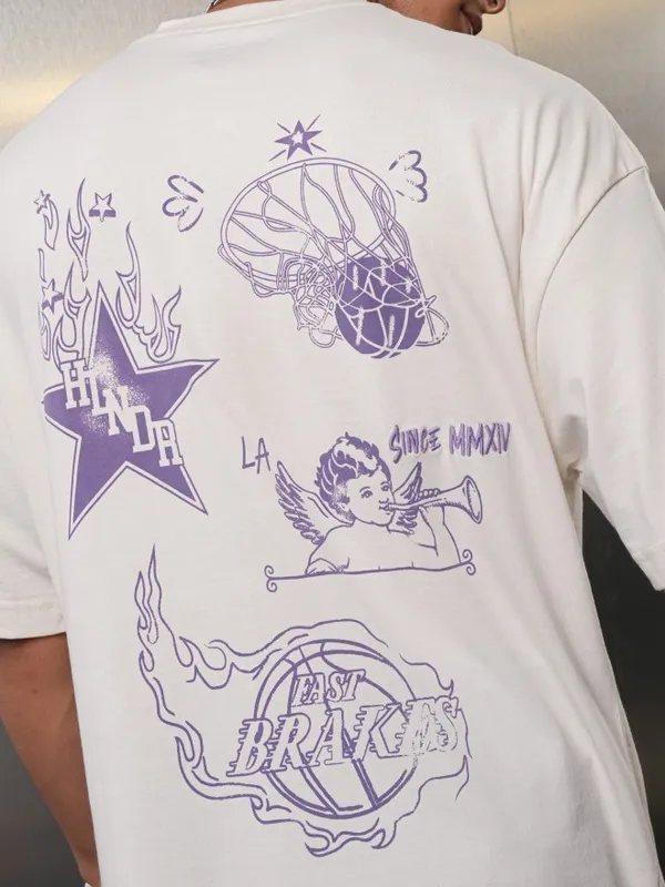 Highlander Men Off White Printed Round Neck Oversized Fit T-Shirt