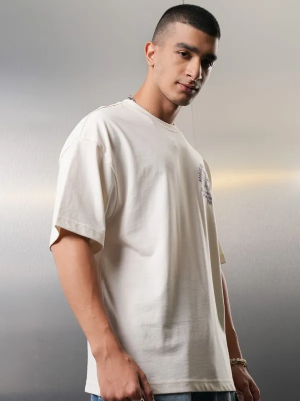 Highlander Men Off White Printed Round Neck Oversized Fit T-Shirt