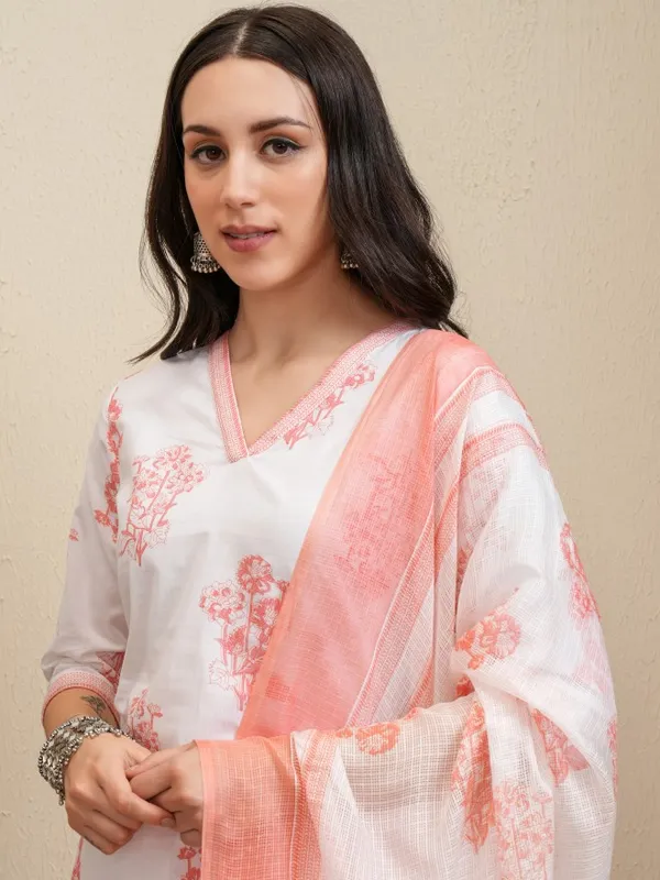Vishudh Women White Printed Kurta With Trousers And Dupatta