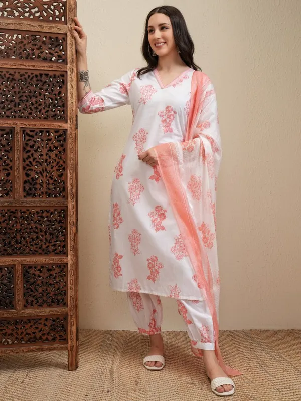 Vishudh Women White Printed Kurta With Trousers And Dupatta