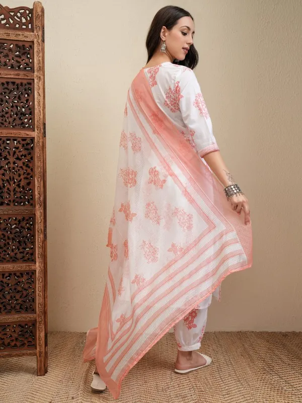 Vishudh Women White Printed Kurta With Trousers And Dupatta