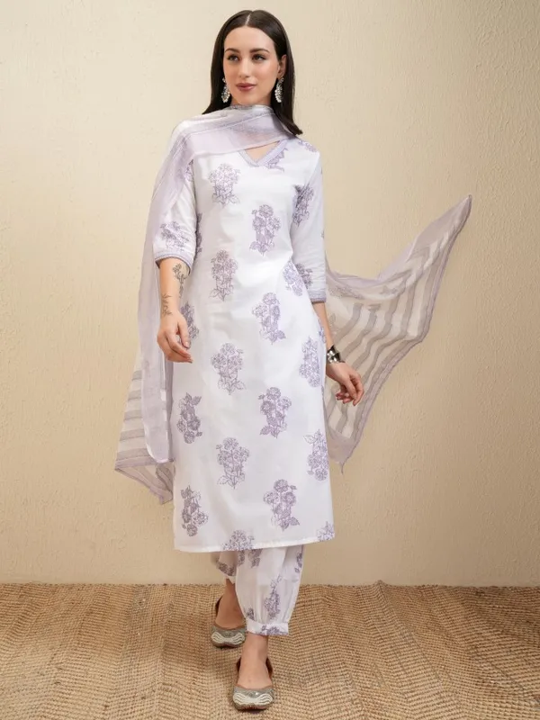 Vishudh Women White Embroidered Kurta With Trousers And Dupatta
