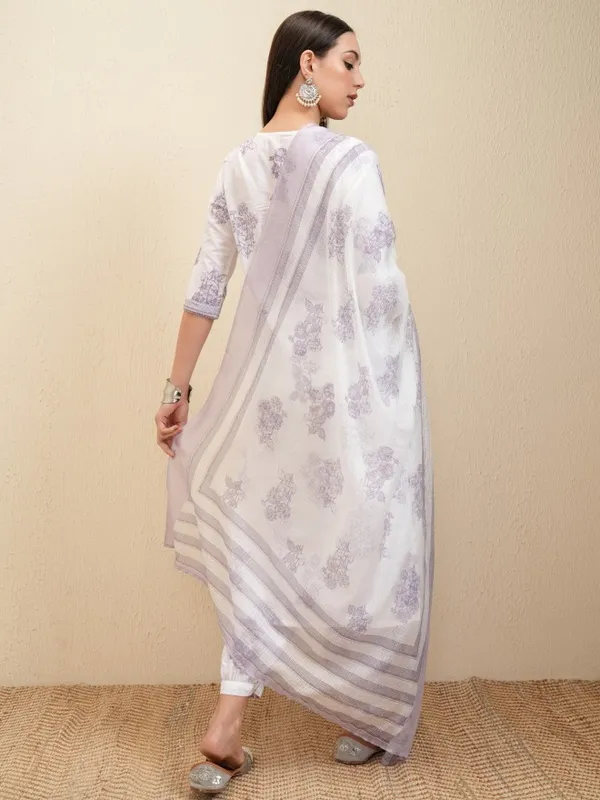Vishudh Women White Embroidered Kurta With Trousers And Dupatta