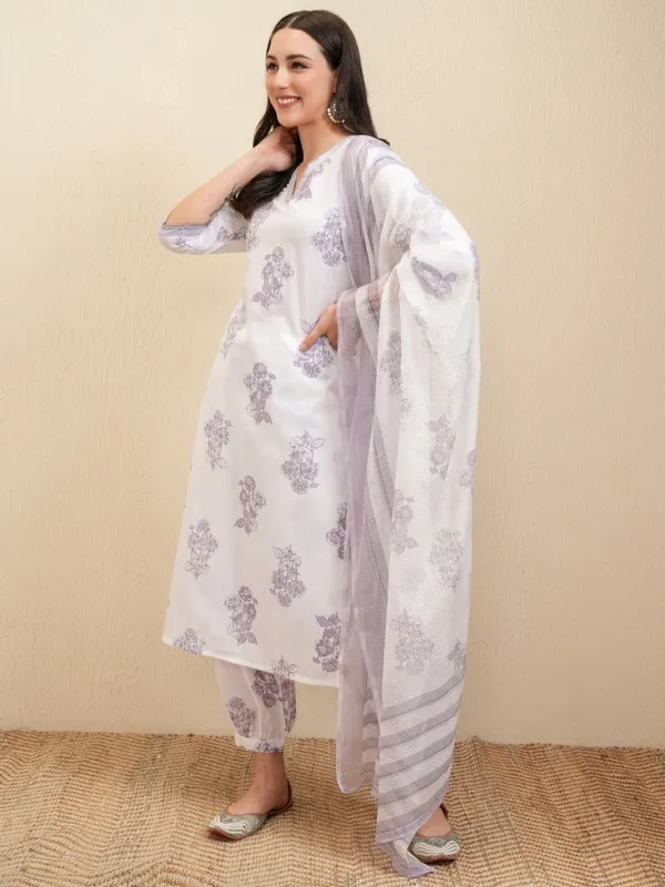 Vishudh Women White Embroidered Kurta With Trousers And Dupatta
