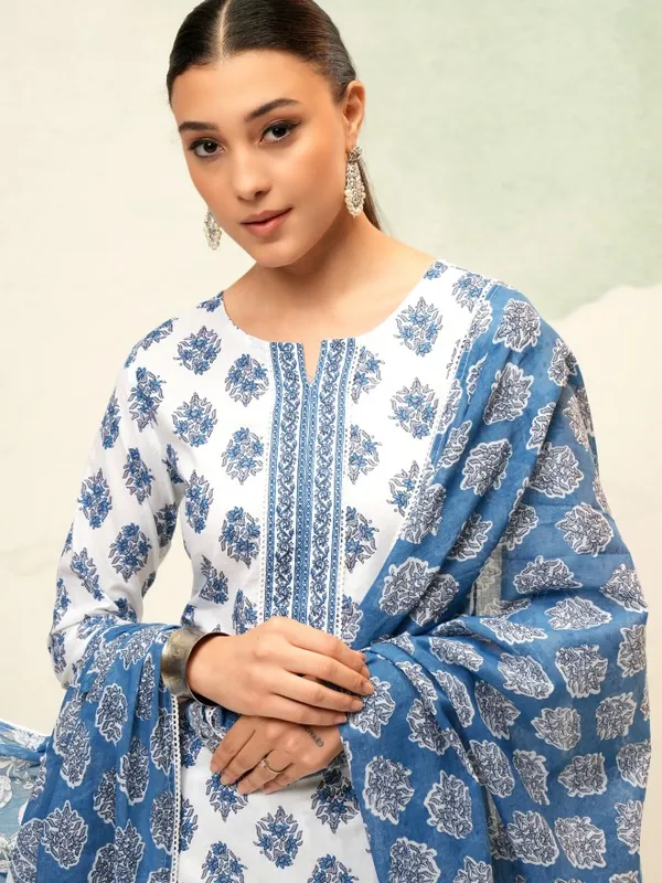 Vishudh Women White Printed Kurta With Trousers And Dupatta