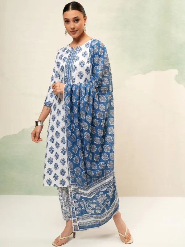 Vishudh Women White Printed Kurta With Trousers And Dupatta