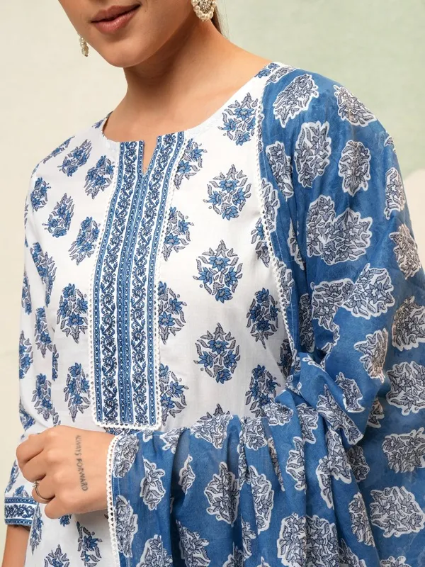 Vishudh Women White Printed Kurta With Trousers And Dupatta