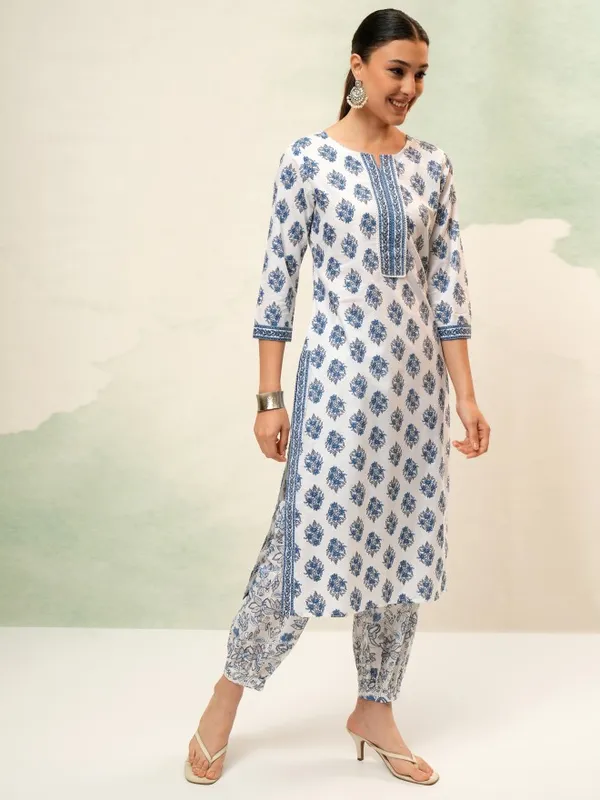 Vishudh Women White Printed Kurta With Trousers And Dupatta