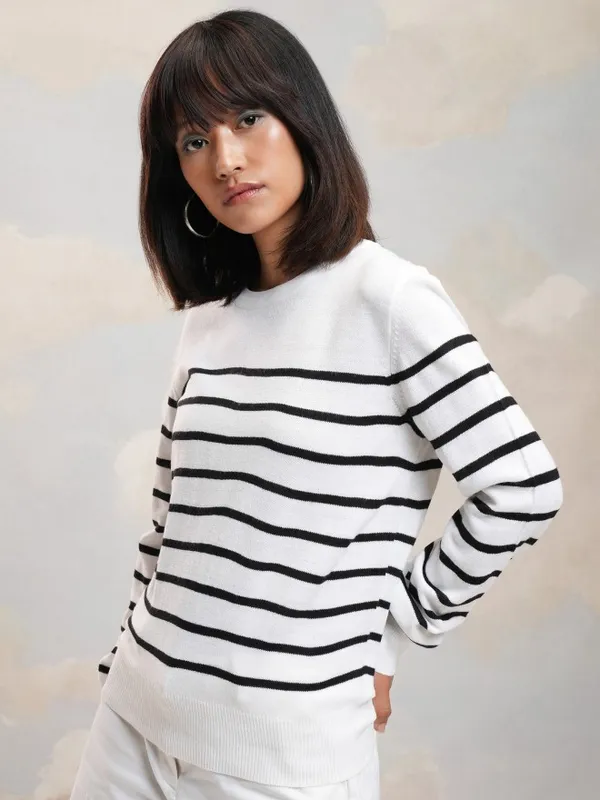 Tokyo Talkies Women White Round Neck Sweater