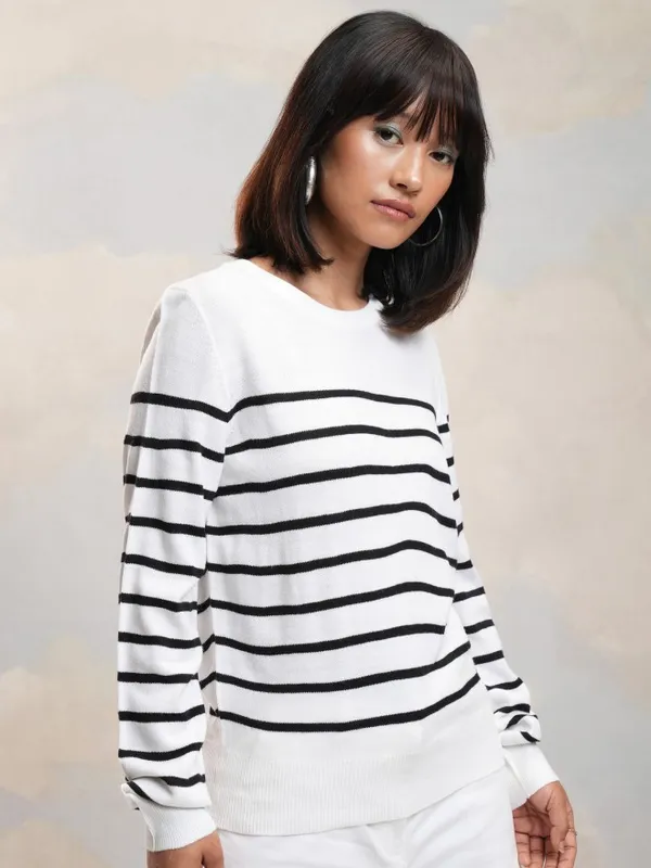 Tokyo Talkies Women White Round Neck Sweater