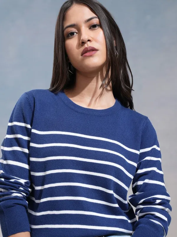 Tokyo Talkies Women Navy Blue Round Neck Sweater