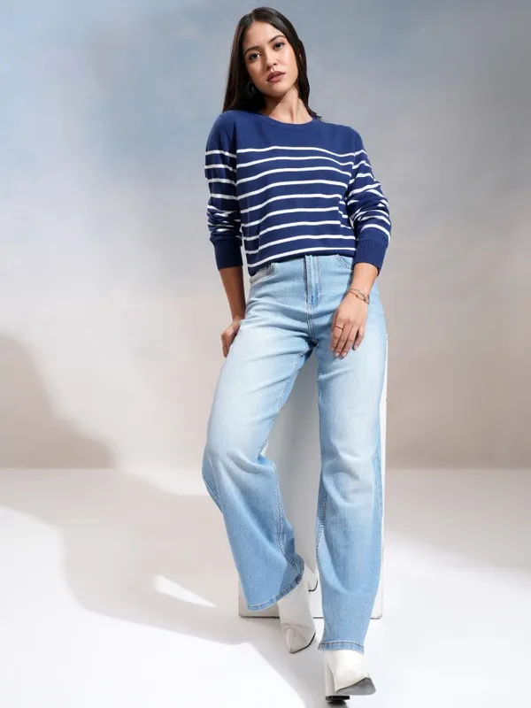 Tokyo Talkies Women Navy Blue Round Neck Sweater