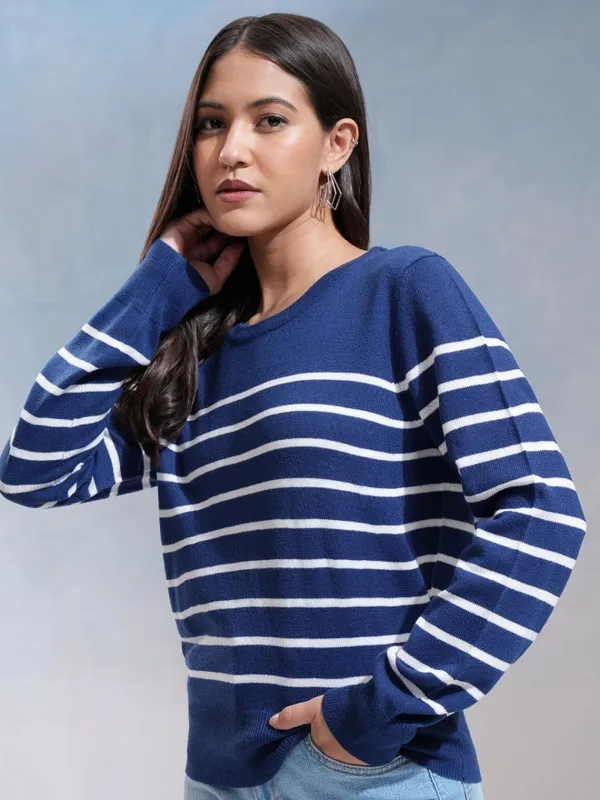 Tokyo Talkies Women Navy Blue Round Neck Sweater
