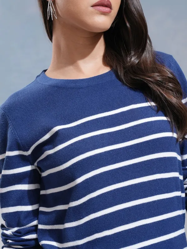 Tokyo Talkies Women Navy Blue Round Neck Sweater