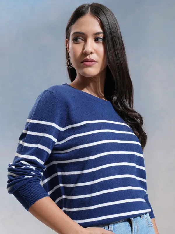 Tokyo Talkies Women Navy Blue Round Neck Sweater