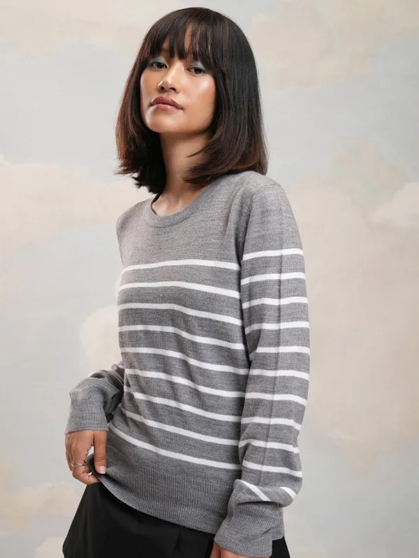 Tokyo Talkies Women Grey Round Neck Sweater