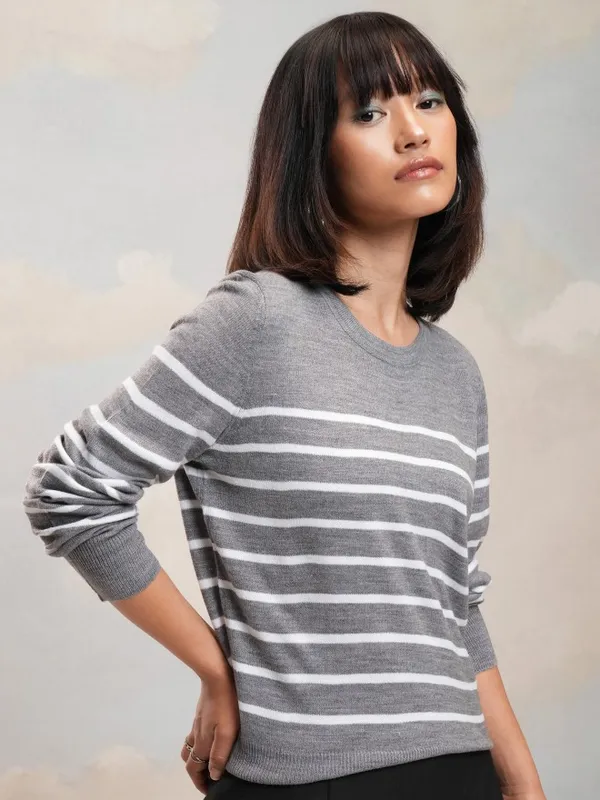 Tokyo Talkies Women Grey Round Neck Sweater