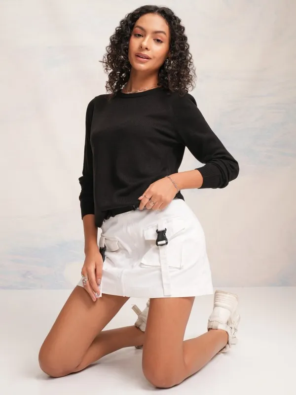 Tokyo Talkies Women Black Knitted Round Neck Sweater