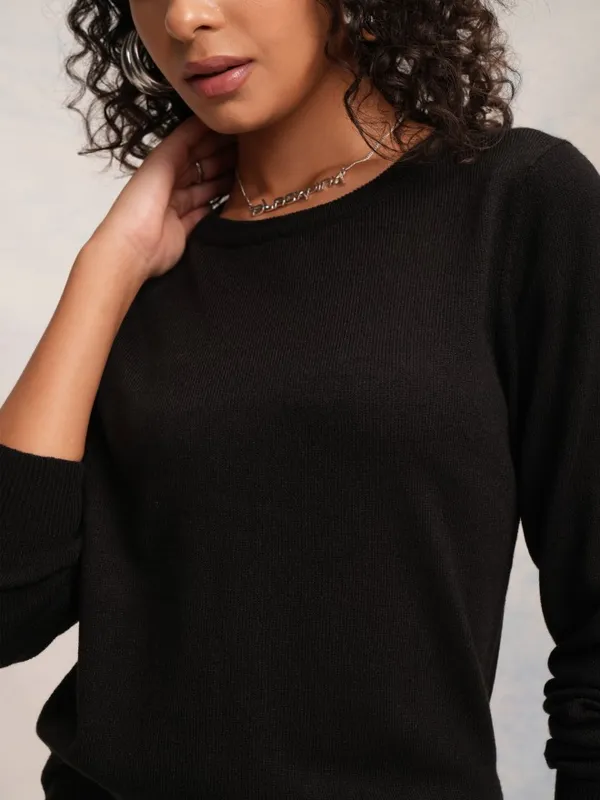 Tokyo Talkies Women Black Knitted Round Neck Sweater
