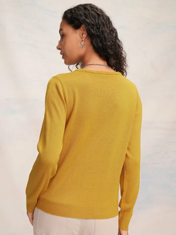 Tokyo Talkies Women Mustard Knitted V-Neck Sweater