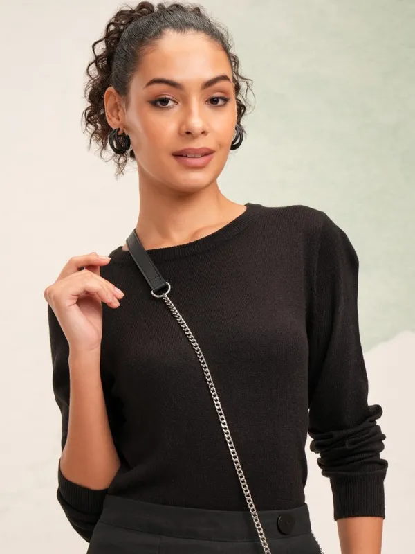 Tokyo Talkies Women Black Round Neck Sweater