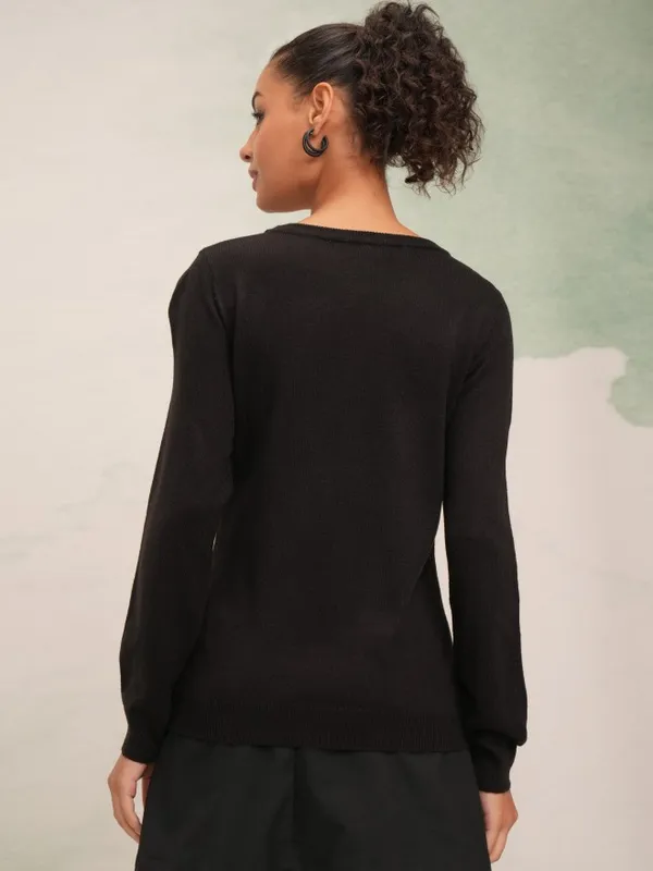 Tokyo Talkies Women Black Round Neck Sweater