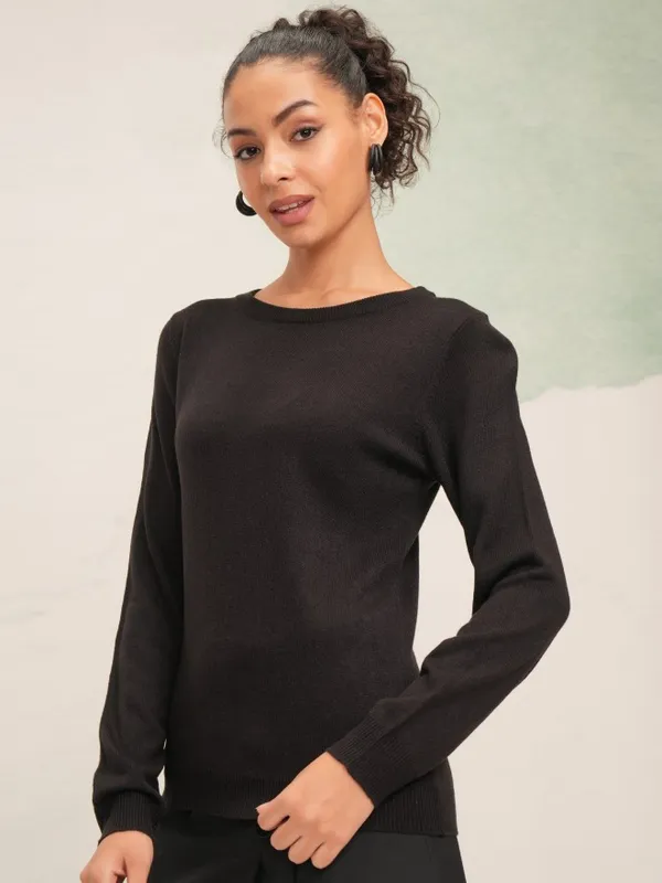 Tokyo Talkies Women Black Round Neck Sweater
