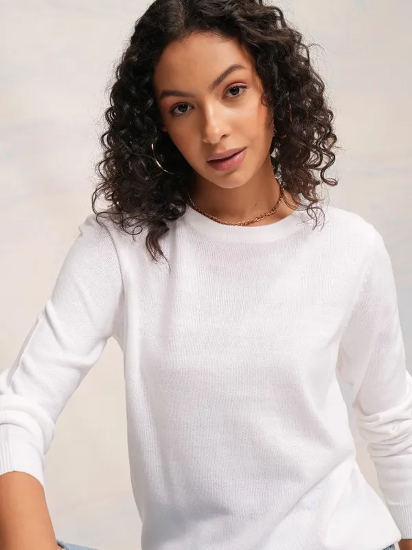 Tokyo Talkies Women White Round Neck Sweater
