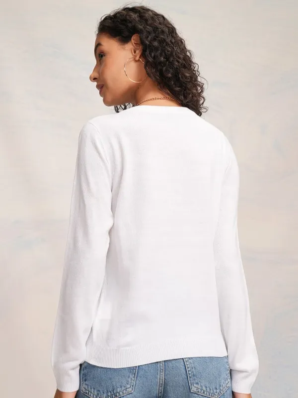 Tokyo Talkies Women White Knitted Round Neck Sweater