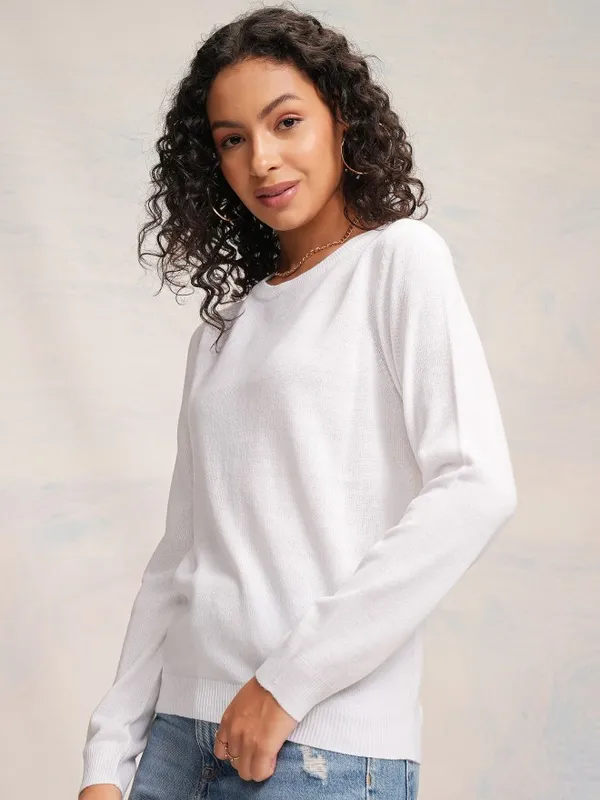 Tokyo Talkies Women White Knitted Round Neck Sweater