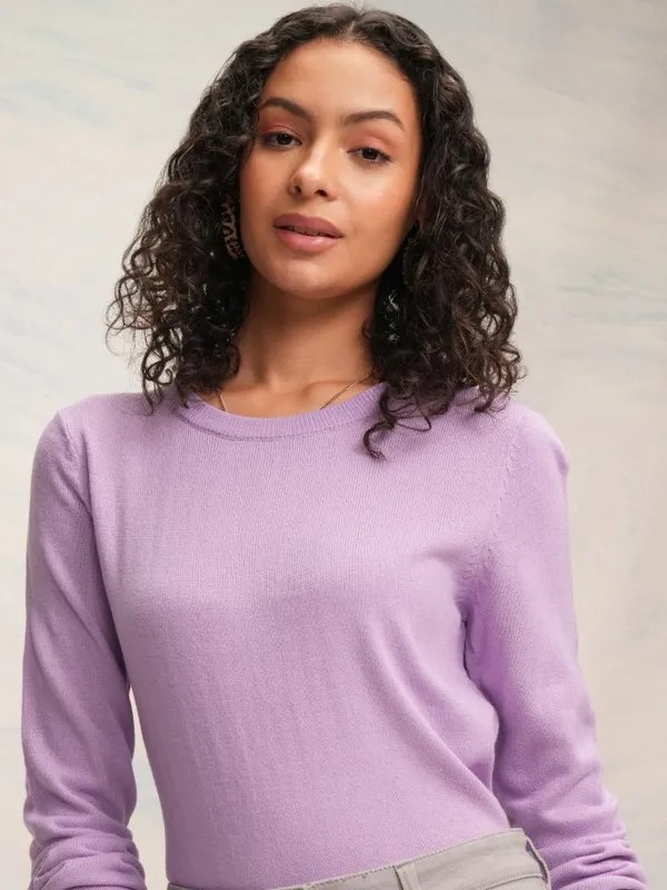 Tokyo Talkies Women Lavender Knitted Round Neck Sweater